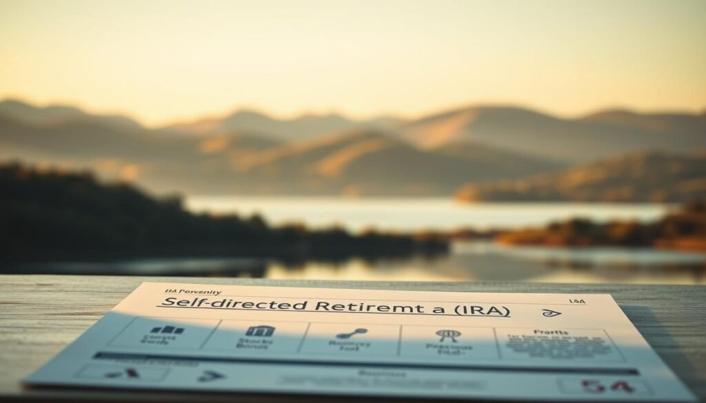 A serene landscape with a self-directed retirement account as the focal point. In the foreground, a sleek and modern IRA portfolio with various investment options represented by simple icons - stocks, bonds, real estate, precious metals. The middle ground features a tranquil lake or pond, with a calm, reflective surface mirroring the skyline. In the background, rolling hills or mountains bathed in warm, golden light, conveying a sense of stability and security. The lighting is soft and diffused, creating a serene, contemplative atmosphere. The camera angle is slightly elevated, giving a sense of overview and control over the assets. The overall mood is one of thoughtful, deliberate investment choices during uncertain economic times.