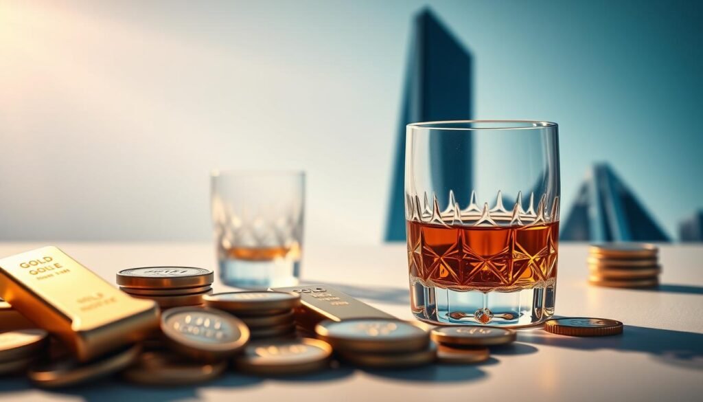 A serene, minimalist composition depicting various alternative investment options. In the foreground, a collection of physical gold bars and coins casting warm, diffused lighting. In the middle ground, a crystal glass filled with whiskey, symbolizing alternative investments in fine spirits and collectibles. In the background, a sleek, modern architectural structure, alluding to real estate and private equity investments. The overall mood is one of sophisticated elegance and financial diversification, inviting the viewer to consider expanding their IRA beyond traditional stocks and bonds.