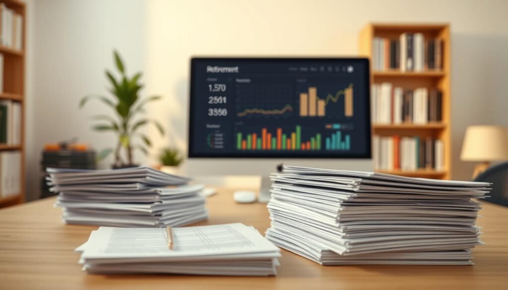 A serene, professionally designed retirement portfolio rendered in a elegant, minimalist style. In the foreground, a stack of financial documents, reports, and investment statements neatly organized. The middle ground features a desktop computer monitor displaying a balanced investment dashboard, casting a warm, soft glow. In the background, a bookshelf lined with financial literature, creating an atmosphere of financial security and stability. The lighting is natural, with a gentle, diffused quality, suggesting a well-appointed home office. The overall scene conveys a sense of control, confidence and careful planning for one's golden years.