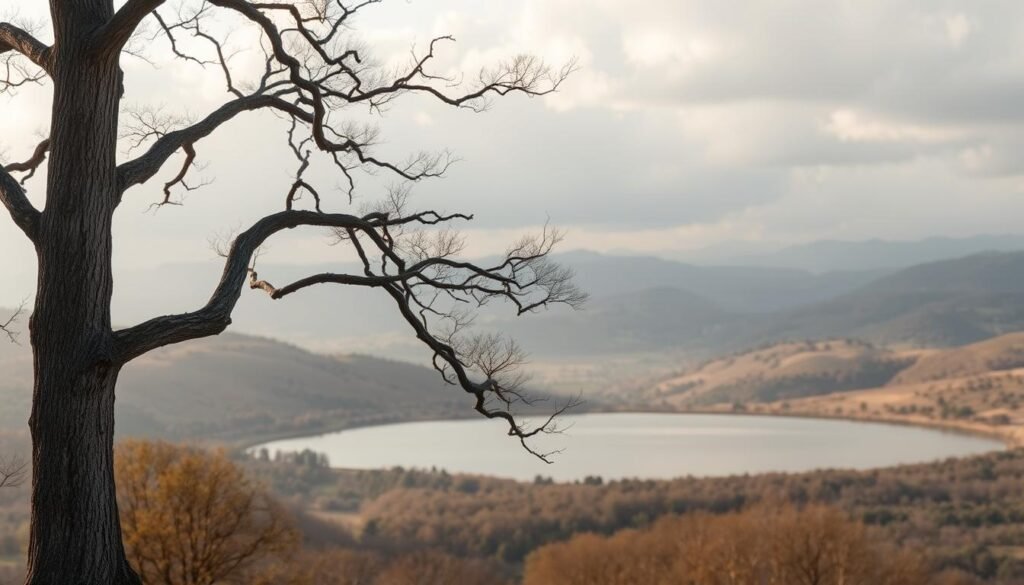 A serene, weathered oak tree stands tall in the foreground, its branches reaching skyward. In the middle ground, a calm, reflective pond reflects the cloudy sky above. Beyond, rolling hills and valleys stretch into the distance, softened by a gentle haze. The scene conveys a sense of steadfastness and stability, inviting the viewer to stay the course through the market's inevitable ebbs and flows. Warm, natural lighting bathes the landscape, creating a mood of tranquility and reassurance. This timeless, contemplative vista symbolizes the enduring nature of long-term investing strategies in the face of volatile markets.