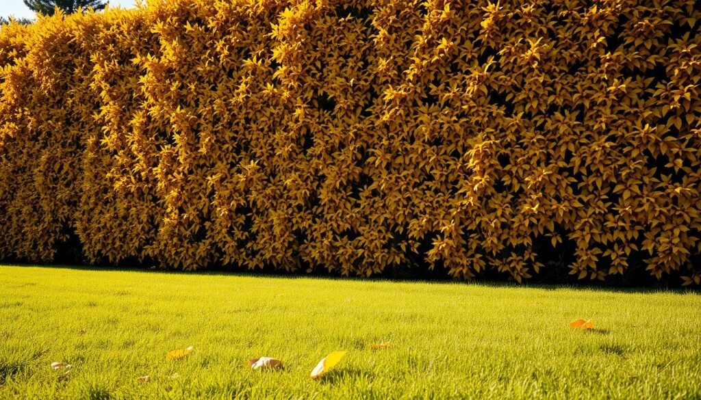 A shimmering golden hedge stands tall, its leaves glistening in the warm sunlight. The hedge's intricate foliage forms a lush, vibrant canopy, casting gentle shadows on the well-manicured grass below. In the foreground, a few fallen golden leaves rest upon the ground, hinting at the hedge's resilience and timelessness. The scene is captured with a wide-angle lens, emphasizing the hedge's grandeur and its place within a serene, picturesque landscape. The overall mood is one of tranquility and stability, conveying the idea of gold as a reliable hedge against the fluctuations of the economy.