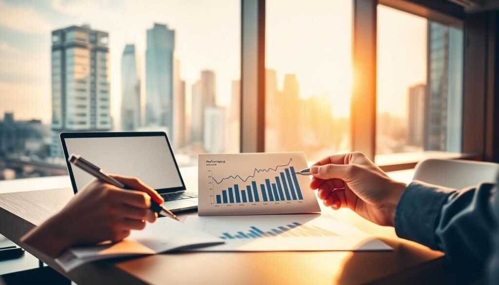 A sleek, modern office setting with a large window overlooking a bustling city skyline. Warm, natural lighting filters through, casting a soft glow on a wooden desk where a laptop, documents, and a stylized performance chart are neatly arranged. In the foreground, a hand holds a pen, poised to review the financial data. The atmosphere conveys a sense of focus, efficiency, and the importance of long-term financial strategy. The image should visually represent the hidden factors that drive investment performance over time.