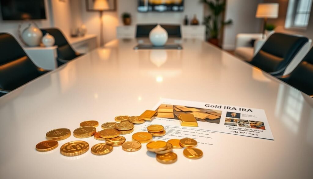 A sleek, modern table with various gold coins, bars, and a gold IRA investment prospectus laid out neatly. The table is illuminated by warm, directional lighting, casting subtle shadows and highlights on the metallic surfaces. In the background, a clean, minimalist office setting with contemporary furniture and decor. The composition emphasizes the comparison of different gold IRA providers and their minimum investment requirements, conveying a sense of professionalism and financial expertise.