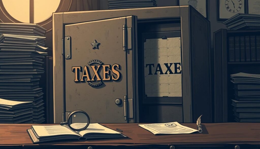 A solemn, sepia-toned illustration of a heavy iron safe with the word "TAXES" prominently displayed on its sturdy door. The safe is positioned in a dimly lit office setting, with stacks of paperwork and ledgers surrounding it. A magnifying glass and a quill pen lie on a worn wooden desk, hinting at the meticulous record-keeping required for tax compliance. The overall atmosphere conveys a sense of gravity and responsibility, alluding to the importance and complexity of tax-related decisions for one's financial future.