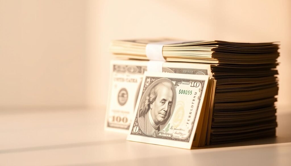 A stack of crisp United States dollar bills, neatly arranged against a soft, blurred background. The bills are illuminated by warm, directional lighting, casting subtle shadows and highlights that accentuate their texture and depth. In the foreground, a single bill stands upright, representing the cash buffer and emergency fund set aside to protect against financial volatility. The overall composition conveys a sense of security, stability, and responsible financial planning.