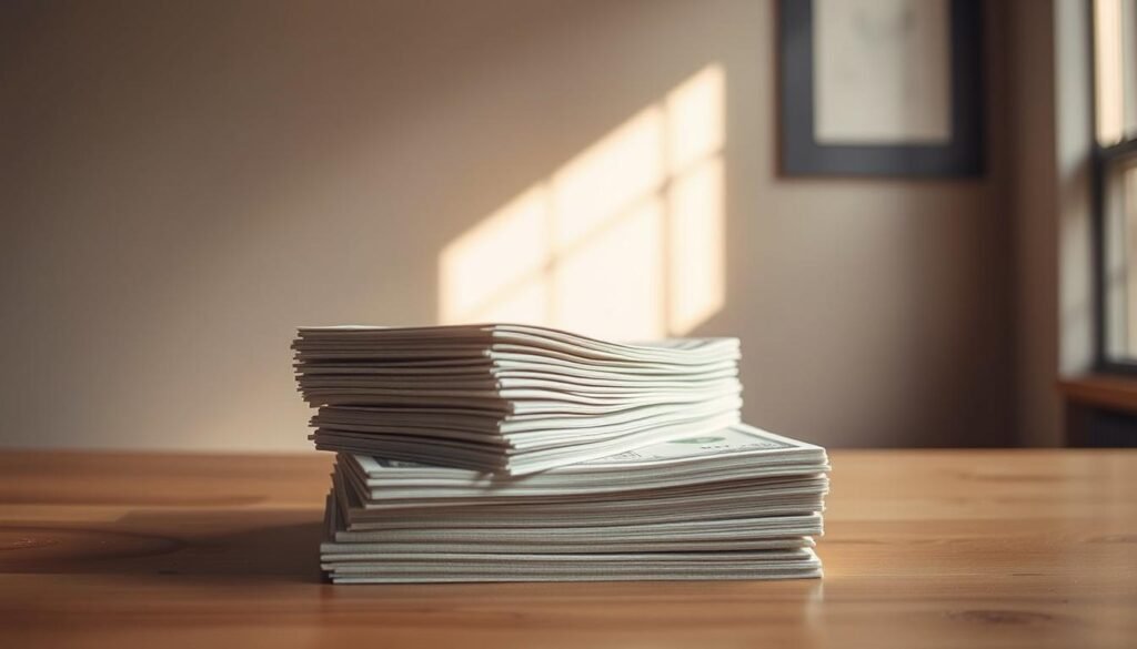 A stack of high-quality government bonds arranged neatly on a wooden table, illuminated by warm, diffused natural light pouring in from a nearby window. The bonds are well-preserved, with crisp edges and a subtle sheen, conveying a sense of stability and reliability. In the background, a muted, neutral-toned wall provides a clean, minimalist backdrop, allowing the bonds to take center stage. The overall composition is balanced and visually appealing, reflecting the safe and dependable nature of these investment instruments during economic downturns.