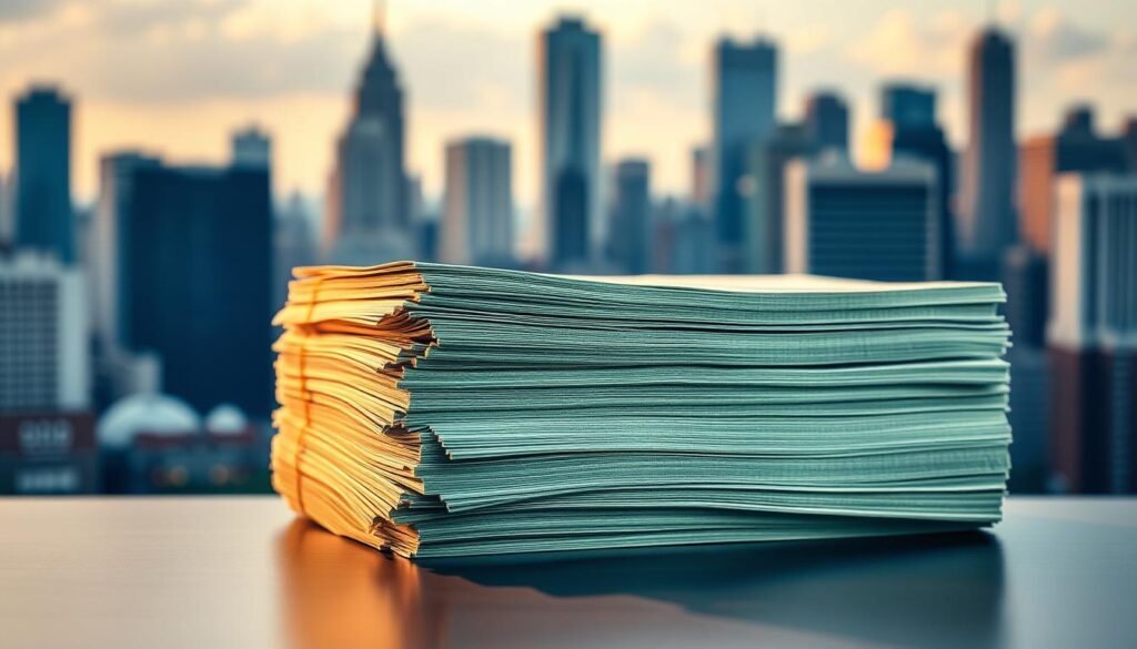 A stack of neatly aligned bond certificates in various shades of blue and green, illuminated by warm, directional lighting that casts subtle shadows, resting on a sleek, metallic surface. In the background, a blurred cityscape skyline with towering skyscrapers, hinting at the financial landscape. The overall composition conveys a sense of stability, reliability, and a balanced investment approach, reflecting the essence of short-term bond funds as a middle ground between yield and volatility.