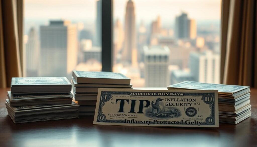 A still life of high-quality government and corporate bonds, illuminated by soft, warm lighting from a large window. In the foreground, a selection of bonds in various denominations and maturities, their clean lines and sleek design conveying a sense of stability and security. The middle ground features a TIPS (Treasury Inflation-Protected Security) bond, its unique structure and indexing to inflation highlighted. In the background, a cityscape is visible through the window, hinting at the broader financial landscape. The overall atmosphere is one of calm, confidence, and prudence, reflecting the subject of safe investments during economic downturns.