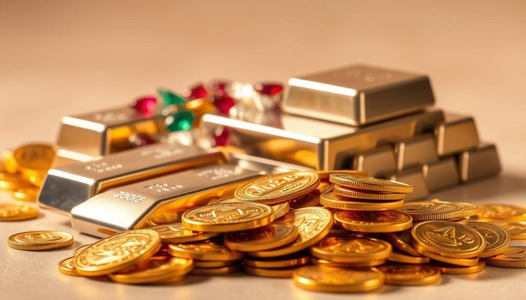 A still life of precious metals, captured in a warm, golden light. In the foreground, a pile of gleaming gold coins, their surfaces reflecting the glow of the ambient lighting. Surrounding the coins, an arrangement of polished silver bars, their sleek lines casting subtle shadows. In the middle ground, a scattering of sparkling gemstones - rubies, emeralds, and diamonds - adding depth and richness to the scene. The background is a soft, muted palette, allowing the metals and gems to take center stage. The composition is balanced and elegant, conveying a sense of timeless value and luxury. The camera angle is slightly elevated, giving the viewer a sense of authority and appreciation for the wealth of these precious materials.