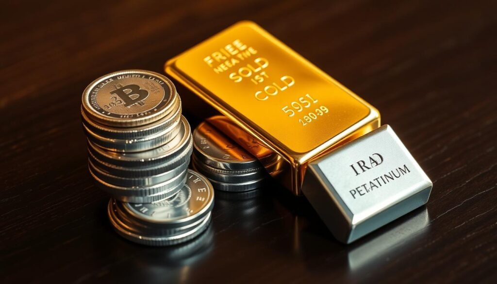 A still life of precious metals commonly used in individual retirement accounts (IRAs), including a gleaming gold bar, a stack of silver coins, and a platinum ingot, all arranged on a dark wood surface. The metals are illuminated by warm, directional lighting, casting dramatic shadows and highlighting their luster. The composition is balanced and visually appealing, conveying the value and security these assets can provide for retirement savings.