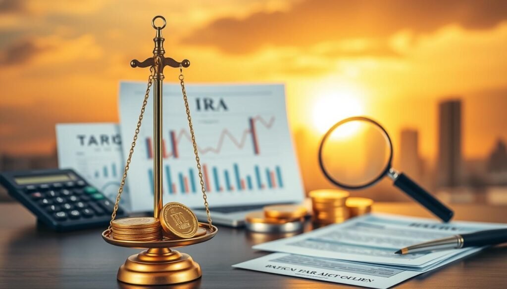 A thoughtful, detailed image of "tax considerations gold ira rollover" for an article on the best time to rollover a 401(k) to a Gold IRA. In the foreground, a balanced scale with golden coins and an IRA document, representing the critical tax decisions involved in a 401(k) to Gold IRA rollover. The middle ground features a calculator, financial charts, and a magnifying glass, symbolizing the analytical process. In the background, a warm, golden-hued skyline with the sun peeking through, conveying the positive financial outlook and security associated with a Gold IRA. The lighting is soft and diffused, creating a contemplative, authoritative atmosphere. The camera angle is slightly elevated, giving the viewer a sense of objectivity and professionalism.