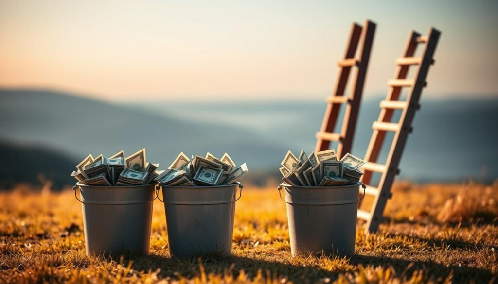 A tranquil financial landscape, illuminated by warm, natural light. In the foreground, a trio of overflowing cash buckets, each brimming with neatly stacked bills. Behind them, a sturdy bond ladder, its rungs representing a diversified portfolio of fixed-income investments. In the distance, a serene horizon, suggesting the long-term stability and security of this carefully constructed retirement plan. The scene exudes a sense of order, discipline, and prudent financial management, capturing the essence of a well-designed investment strategy for the golden years.