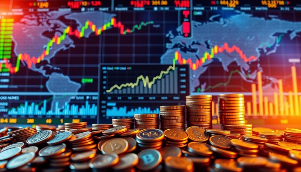 A vibrant and balanced investment portfolio against a backdrop of global financial markets. In the foreground, a diverse arrangement of coins, stocks, and bonds in varying sizes and materials, meticulously positioned to create a sense of harmony and stability. The middle ground features a sleek, minimalist infographic displaying key asset allocation metrics, rendered in a cool, high-contrast color scheme. In the background, a sweeping panorama of stock charts, currency exchange rates, and economic indicators, bathed in a warm, golden glow from strategically placed lighting, conveying a mood of cautious optimism and prudent financial planning. The entire scene is captured with a wide-angle lens, emphasizing the interconnected nature of modern asset management.