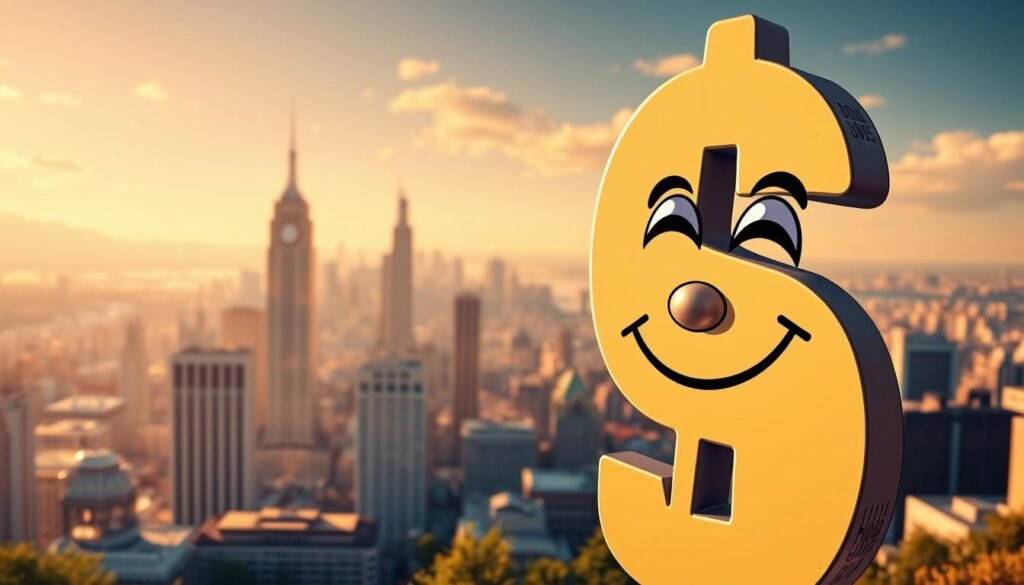 A vibrant, dynamic illustration of the "dollar smile" phenomenon. In the foreground, a stylized, grinning U.S. dollar sign dominates the frame, its features exaggerated to convey a sense of whimsical optimism. The middle ground features a backdrop of shifting currency exchange rates, graphs, and financial data, hinting at the complex economic forces at play. In the distant background, a hazy cityscape evokes the global financial landscape, with skyscrapers and infrastructure suggesting the broader implications of a changing dollar. The lighting is warm and inviting, with subtle highlights and shadows adding depth and dimension to the composition. The overall mood is one of cautious optimism, reflecting the nuanced nature of the "dollar smile" concept.