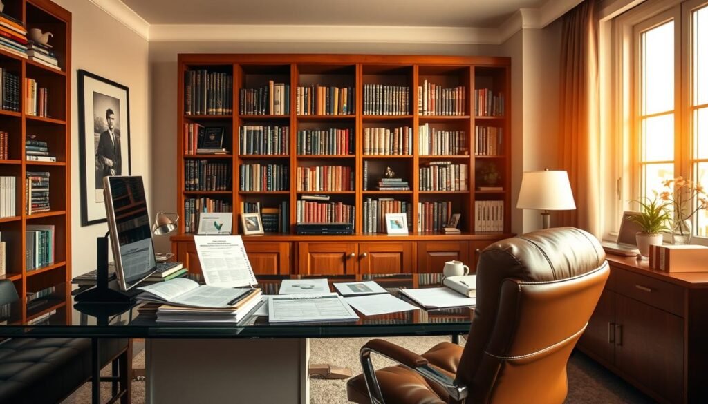 A well-appointed home office with a modern desk, comfortable leather chair, and various financial documents and real estate investment materials neatly arranged. The room is bathed in warm, golden light from a large window, conveying a sense of productivity and financial security. In the background, a large bookshelf showcases a collection of finance and investment books. The overall mood is one of diligent wealth management and disciplined financial planning, reflecting the responsible, self-directed approach to IRA investing.