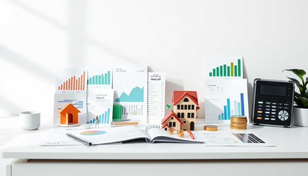 A well-balanced financial portfolio arranged on a minimalist desk, illuminated by soft, natural lighting. A diverse mix of investment options, including stocks, bonds, real estate, and alternative assets, is displayed in an intuitive, visual layout. The composition conveys a sense of stability, thoughtfulness, and control, reflecting the careful planning required to build an asset allocation aligned with one's risk tolerance and retirement timeline. The overall aesthetic is clean, modern, and visually engaging, inviting the viewer to consider their own investment strategy.