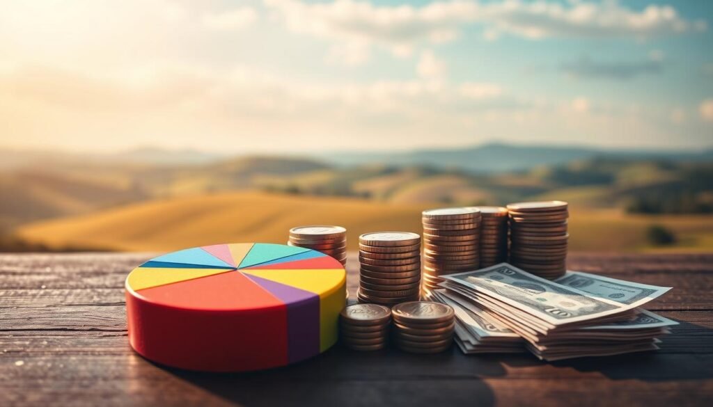 A well-balanced financial portfolio with a mix of stocks, bonds, and cash, illuminated by warm, natural lighting. In the foreground, a pie chart visualizes the proportional asset allocation, with vibrant colors representing different investment types. The middle ground features stacks of coins, bonds, and stock certificates, symbolizing the various financial instruments. In the background, a serene landscape with rolling hills and a tranquil sky conveys a sense of stability and long-term growth. The overall composition evokes a feeling of thoughtful planning, prudent diversification, and a harmonious approach to building wealth and securing the future.
