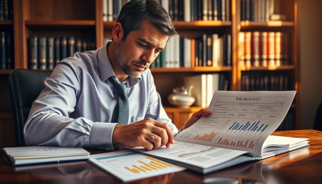 A well-dressed custodian carefully reviewing financial documents and charts on a wooden desk, with a shiny gold IRA account statement prominently displayed. Warm, natural lighting illuminates the scene, casting subtle shadows. The custodian's expression is one of focused attention, conveying their expertise and diligence in managing the client's precious metals investment. The background features a bookshelf with relevant finance and investment literature, creating an atmosphere of professionalism and trustworthiness.