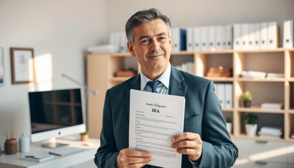 A well-dressed individual holding an individual retirement account (IRA) document, standing in a serene, sunlit office setting. The person's expression conveys a sense of thoughtfulness and care as they consider the IRA beneficiary designation. The background features a tidy, professional workspace with a desk, computer, and shelves filled with financial documents. Soft, warm lighting casts a subtle glow, creating an atmosphere of financial planning and responsible wealth management. The overall scene reflects the themes of responsible retirement planning and effective IRA beneficiary strategies.