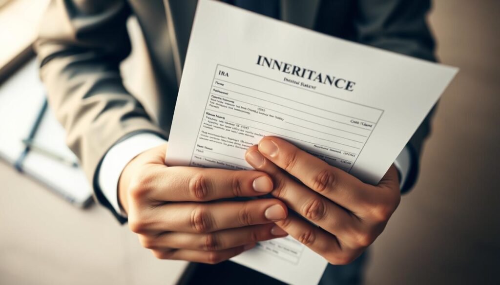 A well-lit, close-up shot of a person's hands holding an inheritance document, with a gold IRA account statement prominently displayed. The background is a neutral, uncluttered workspace, with a subtle desk or table visible. The lighting is warm and focused, emphasizing the importance of the financial documents. The composition places the hands and documents in the center, conveying a sense of care and responsibility in handling this inheritance. The overall mood is serious yet hopeful, reflecting the complexities and significance of a non-spousal beneficiary inheriting an IRA account.