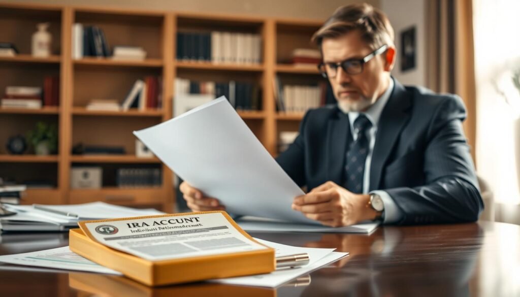 A well-lit, detailed scene depicting the role of an IRA custodian after the account owner's passing. In the foreground, a professional-looking custodian sits at a desk, reviewing important financial documents with a serious expression. In the middle ground, a gold individual retirement account (IRA) and related paperwork are prominently displayed. The background features a warm, calming office environment with bookshelves and subtle hints of the custodian's expertise. The lighting is soft and natural, conveying a sense of trust and reliability. The overall mood is one of diligence, responsibility, and the custodian's critical role in managing the IRA after the account owner's death.