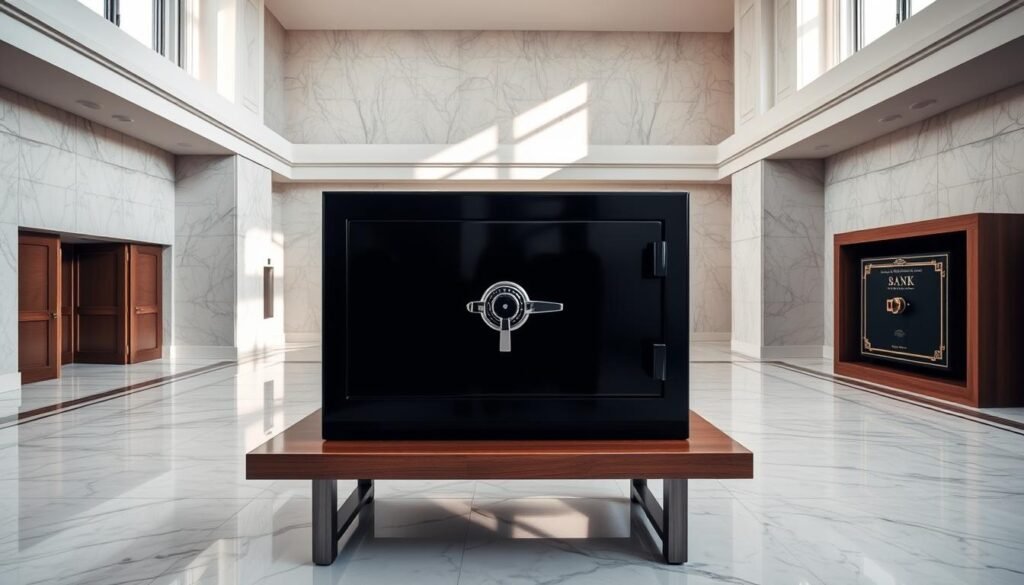 A well-lit, expansive interior space with high ceilings and pristine marble flooring. Centrally positioned, a large, heavy-duty steel safe rests atop a wooden table, its glossy black finish gleaming. To the side, a bank-style safety deposit box sits on a shelf, its polished brass lock drawing the eye. Soft, directional lighting casts dramatic shadows, emphasizing the solidity and security of the storage options. The atmosphere is one of reliability, protection, and the careful preservation of valuable assets.