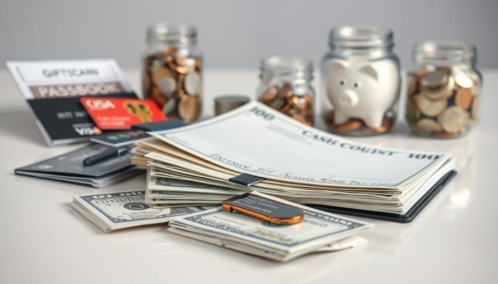 A well-lit, high-definition studio photograph of various cash equivalents placed on a clean, reflective surface. In the foreground, a stack of US dollar bills, a checkbook, and a money clip filled with bills. In the middle ground, a savings account passbook, a debit card, and a prepaid gift card. In the background, a jar of coins and a piggy bank. The lighting is soft and even, highlighting the textures and details of the financial instruments. The composition is balanced and visually appealing, conveying a sense of security and stability.