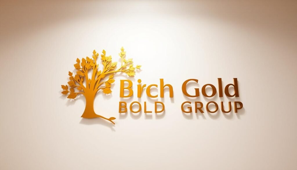 A well-lit, high-quality photograph of the Birch Gold Group logo, featuring a beautifully detailed birch tree silhouette in vibrant shades of gold and amber. The logo is prominently displayed in the center of the frame, with a clean, minimalist background that allows the intricate design to stand out. The image has a professional, financial feel, conveying a sense of reliability, transparency, and expertise. The lighting is soft and directional, creating depth and dimension, while the camera angle is slightly elevated to give the logo an authoritative, trustworthy presence.