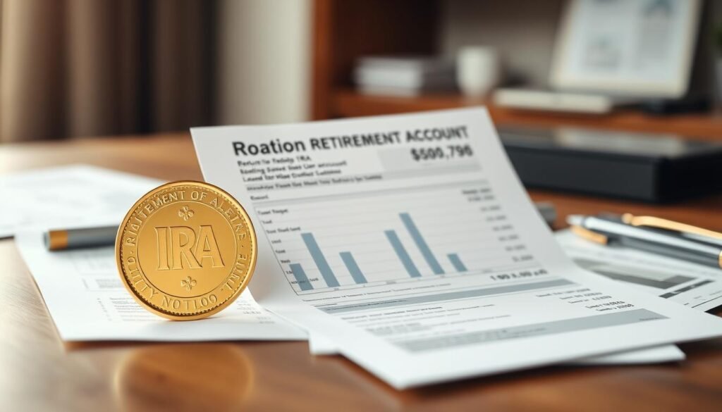 A well-lit, high-resolution image of a retirement account statement and financial documents, displayed on a wooden desk alongside a golden IRA bullion coin. The account statement showcases a growing balance, signifying a secure and thriving retirement portfolio. The background features a subtle, blurred office environment, conveying a sense of professionalism and financial stability. The lighting is soft and directional, casting warm shadows and highlighting the details of the financial documents. The overall composition and mood suggest that this retirement account is in a healthy state, making it an ideal candidate for a gold IRA rollover before the age of 59½.