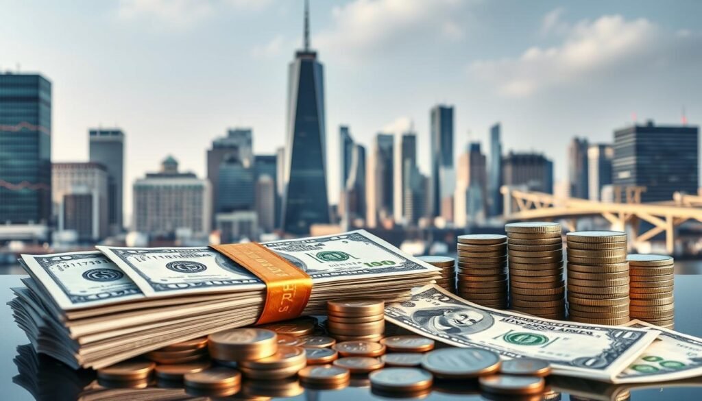 A well-lit, photorealistic image of a money market fund, with a clear focus on the financial instruments and investments that comprise it. The foreground features a stack of US dollar bills, coins, and a digital display showing current interest rates and yields. The middle ground showcases various short-term fixed-income securities like Treasury bills, commercial paper, and certificates of deposit. The background depicts a modern financial district skyline, with skyscrapers and infrastructure conveying a sense of stability and security. The overall mood is one of prudent financial management, emphasizing the importance of maintaining a diversified, low-risk cash buffer as part of a comprehensive investment strategy.