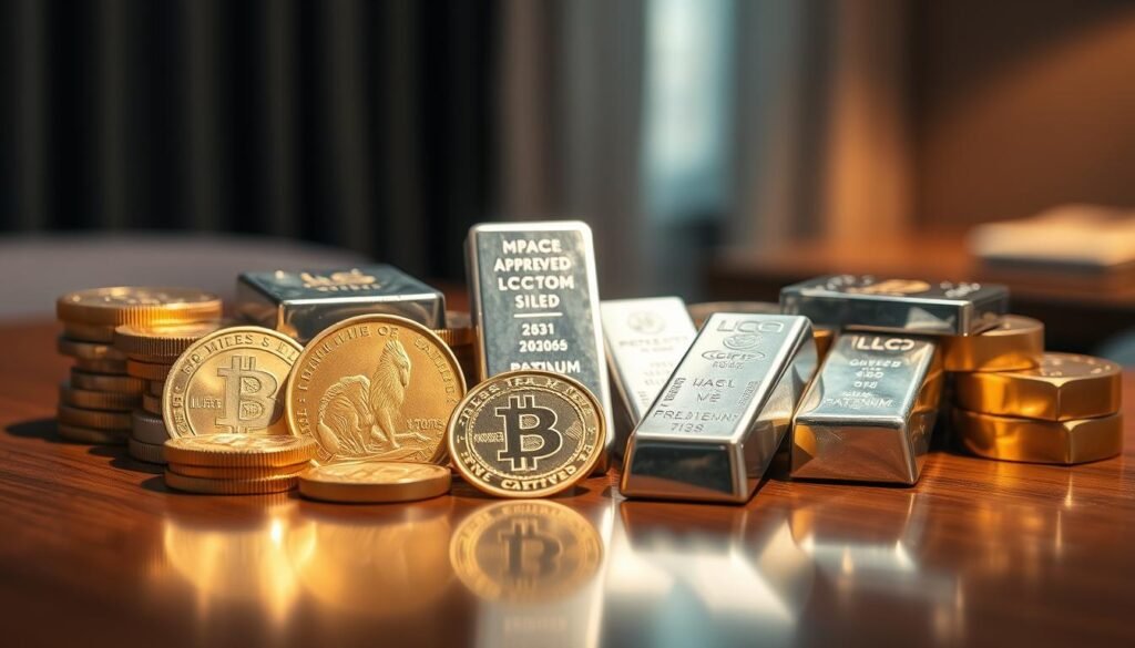 A well-lit still life display showcasing a variety of IRS-approved precious metals, including gleaming gold coins, silver bars, and platinum ingots, arranged on a polished wooden table. The metals reflect warm lighting that casts subtle shadows, highlighting their intricate textures and lustrous surfaces. The composition is balanced, with the metals positioned in the foreground, while a soft, blurred background suggests a refined, high-end setting. The overall atmosphere conveys a sense of wealth, security, and the timeless allure of these valuable assets.