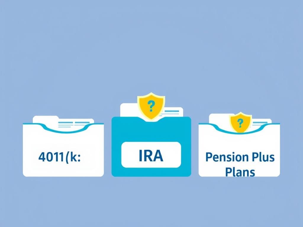 Different types of retirement accounts shown as folders labeled 401(k), IRA, and pension plans with varying protection levels during bank collapse