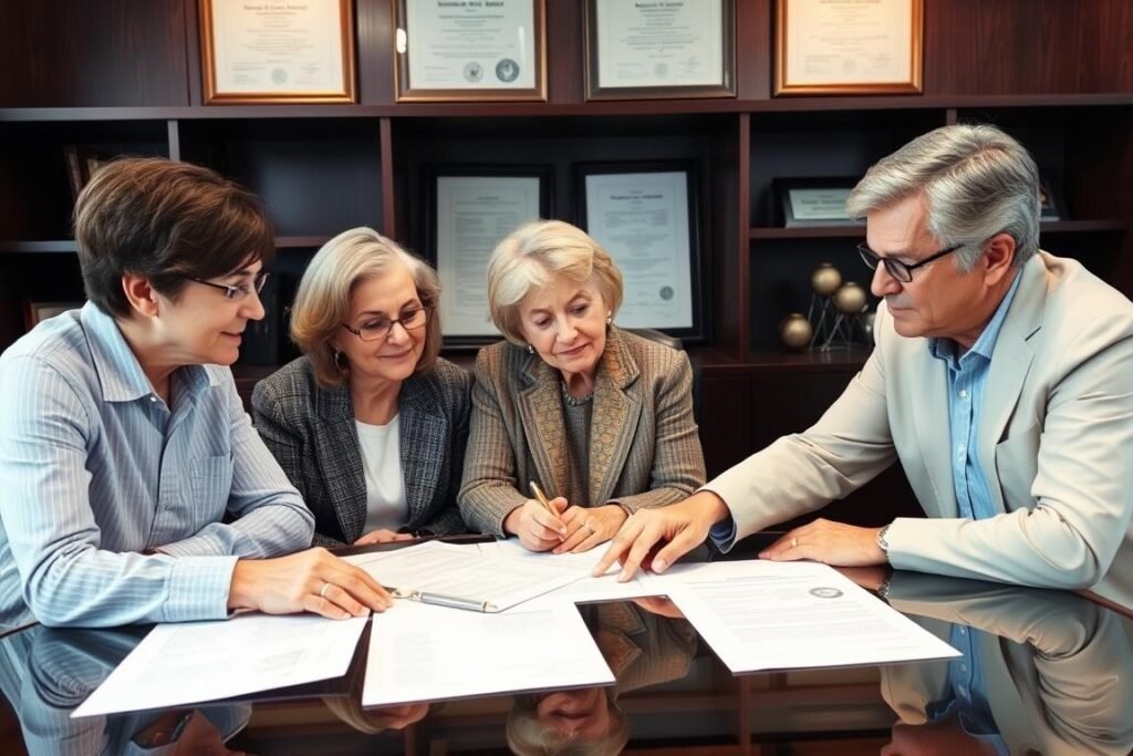 Family meeting with estate planner discussing legacy documents