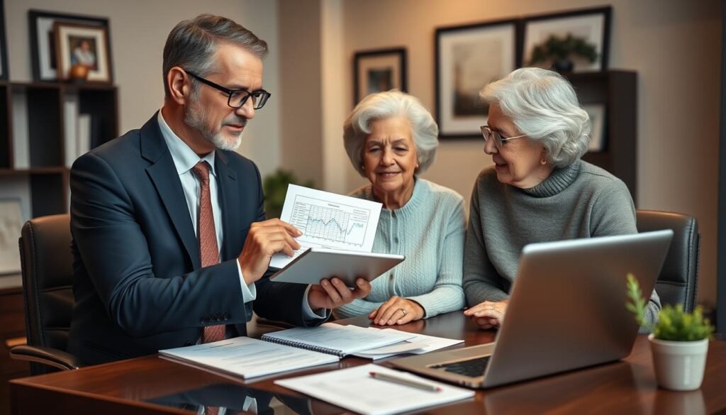 Financial advisor and client reviewing retirement portfolio to protect from inflation