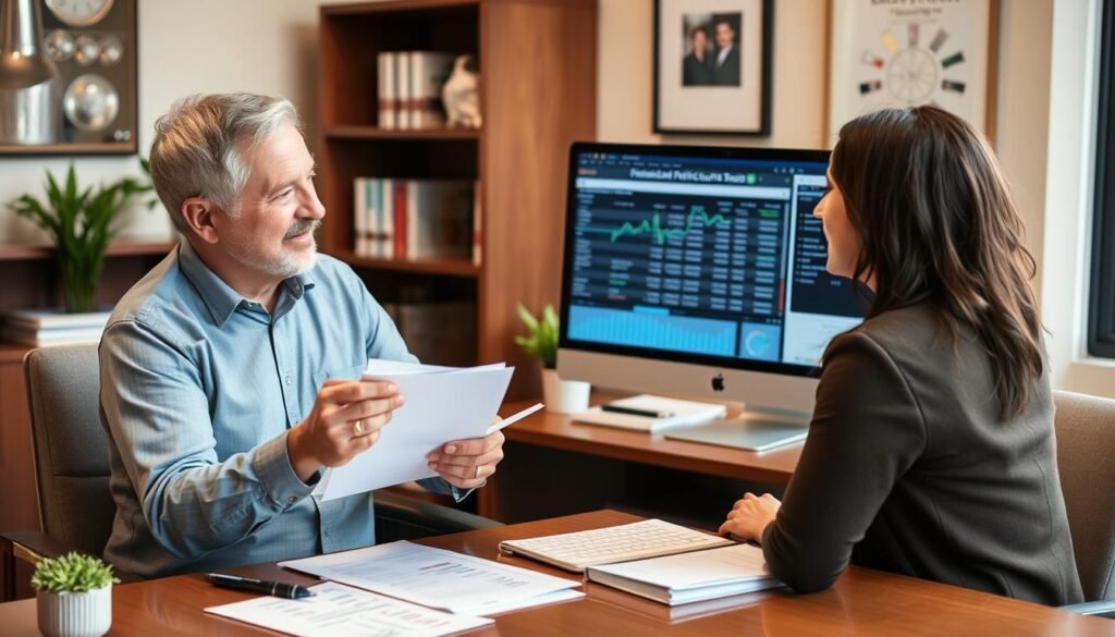 Financial advisor discussing retirement account protection strategies with client during bank collapse concerns