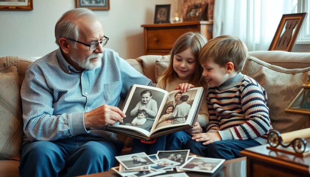 Grandparent sharing family stories with grandchildren while looking at old photos