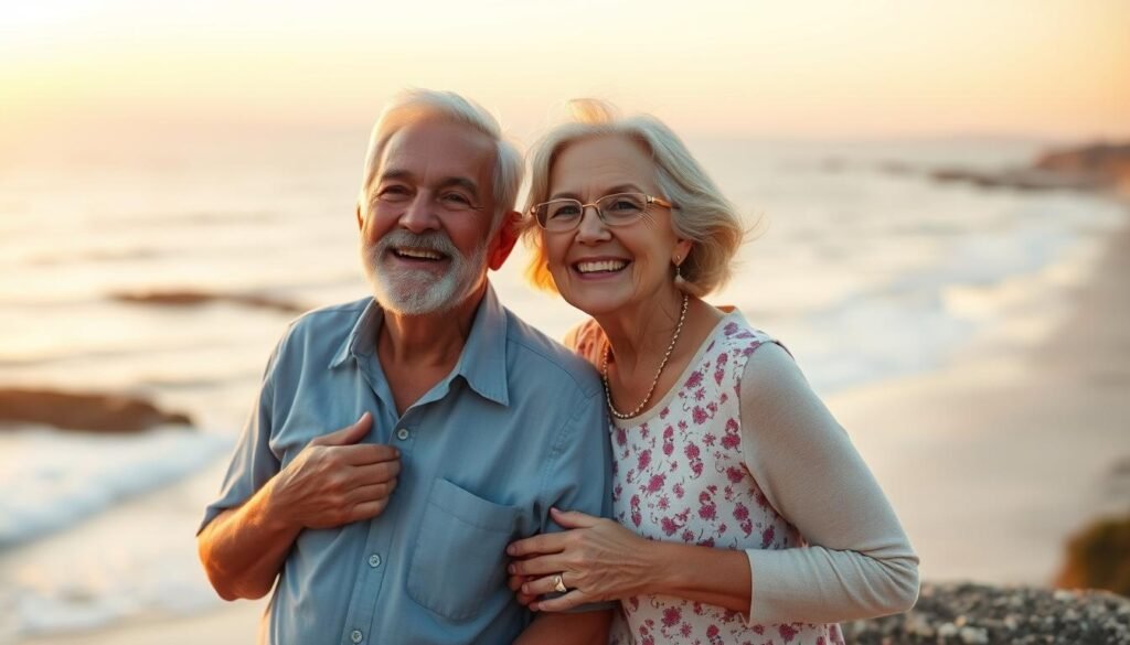Happy retired couple enjoying sunset representing successful retirement planning where money lasts throughout golden years