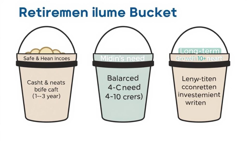 Illustration of retirement income buckets strategy showing how retirement money lasts through diversification