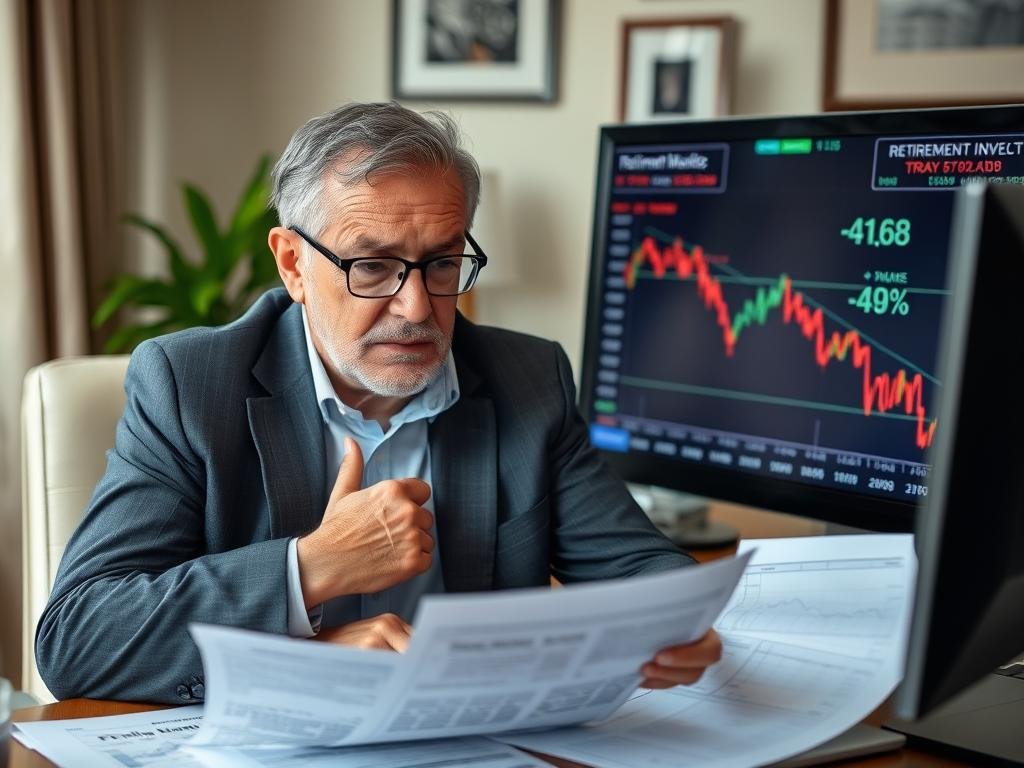 Investor looking concerned at retirement portfolio during market crash