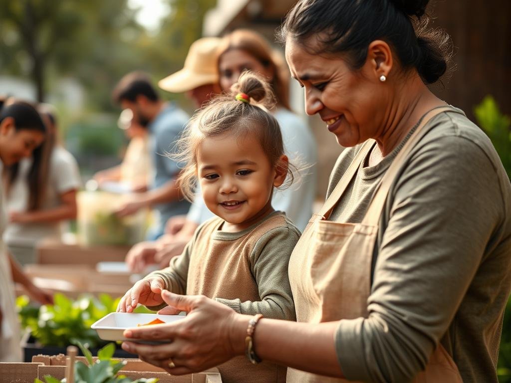Parent and child volunteering together at a community service event