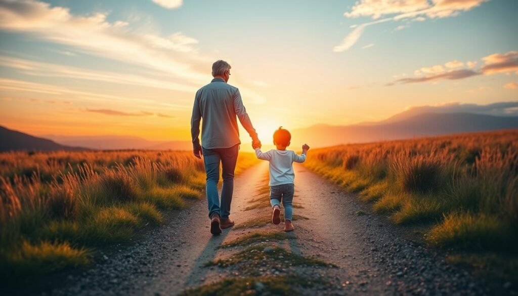 Parent and child walking hand in hand on a path symbolizing the legacy journey
