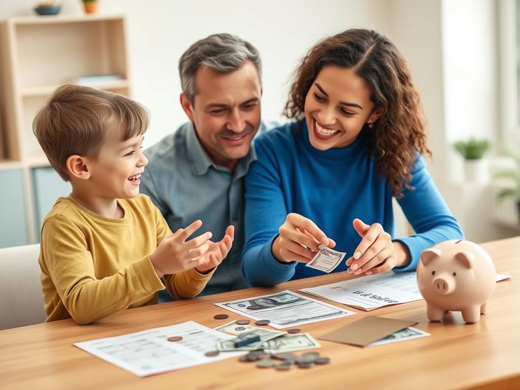 Parent teaching child about money management with piggy bank and coins