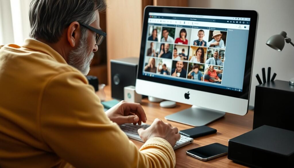 Person organizing digital photos and memories on computer for future generations