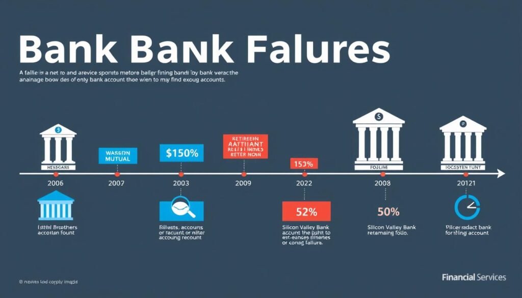 Timeline showing major bank collapses including 2008 financial crisis and 2023 Silicon Valley Bank failure impact on retirement accounts