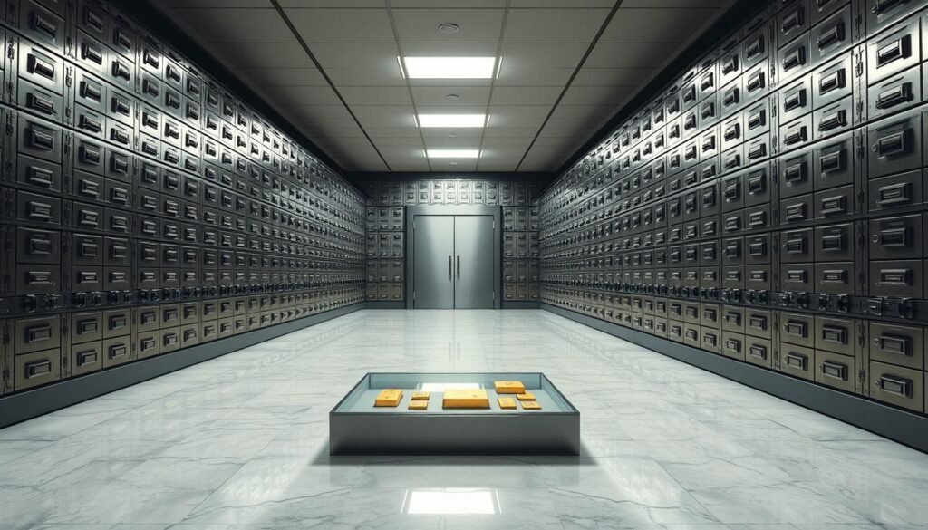 A cavernous, well-lit vault interior with rows of sturdy metal shelves and lockboxes. Polished marble floors reflect the bright, even lighting from overhead fixtures. In the foreground, a central display case showcases several gold bars and coins, their surfaces gleaming. Thick, reinforced walls and a heavy vault door suggest impenetrable security. The atmosphere conveys a sense of order, reliability, and the careful stewardship of precious assets. The composition emphasizes the vault's role as a secure, IRS-approved depository for physical gold holdings within a self-directed IRA.