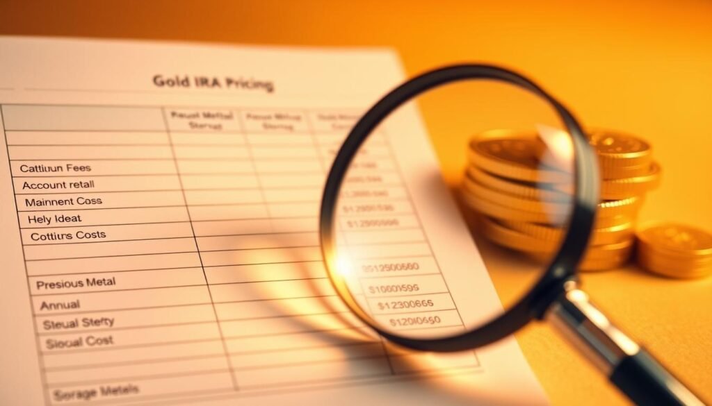 A detailed, transparent gold IRA pricing display, illuminated by warm, directional lighting. In the foreground, a clean, minimalist spreadsheet showcases line items for account setup fees, annual maintenance costs, and precious metal storage charges. The middle ground features a magnifying glass hovering over the data, emphasizing the clarity and attention to detail. In the background, a serene, golden gradient backdrop evokes the wealth and reliability associated with a reputable gold IRA provider. The overall composition conveys an atmosphere of trust, professionalism, and financial transparency.