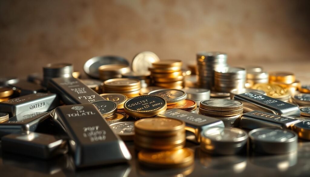 A diverse array of precious metals arranged in a visually striking composition. In the foreground, gleaming silver bars and coins are meticulously placed, casting soft reflections. In the middle ground, other precious metals such as gold, platinum, and palladium are interspersed, creating a harmonious balance. The background features a muted, earthy tone, allowing the metallic elements to take center stage. Dramatic side lighting illuminates the scene, emphasizing the three-dimensional nature of the metals and casting dramatic shadows. The overall mood is one of sophisticated elegance, underscoring the importance of diversification in precious metal investments.