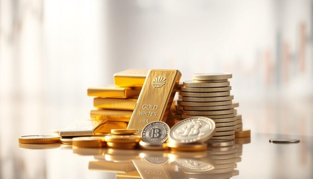A gleaming gold individual retirement account (IRA) situated on a reflective surface, casting a warm glow. In the foreground, several gold, silver, and platinum bullion bars and coins are arranged in a visually striking display. The middle ground features a soft, hazy background, with a hint of financial charts and graphs to suggest the investment nature of the scene. The lighting is natural and diffused, creating a sense of elegance and sophistication. The overall composition conveys the stability, diversity, and value of a mixed-metal IRA compared to more volatile assets like stocks, bonds, real estate, and cryptocurrency.