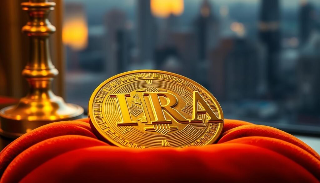 A gleaming golden IRA nestled atop a plush velvet cushion, bathed in warm, soft lighting from an elegant brass lamp. The intricate detailing of the IRA's surface reflects the brilliant shine of the metal, inviting the viewer to imagine the growth potential and dividends it could yield over time. In the background, a blurred cityscape suggests the financial sophistication and liquidity of this investment. The overall composition conveys a sense of security, stability, and the promise of a prosperous retirement.