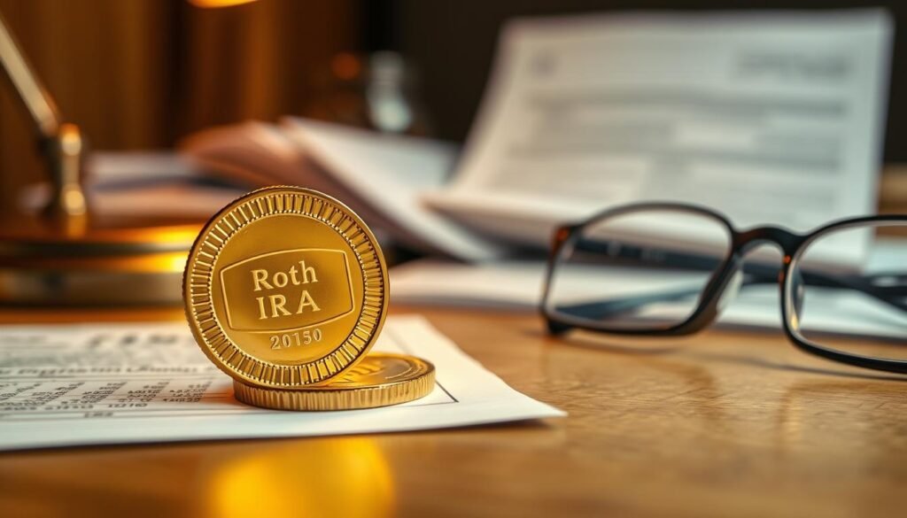 A gleaming golden Roth IRA coin, its surface shimmering under the warm glow of a desk lamp. The coin rests atop a wooden table, surrounded by a few other financial documents and a pair of reading glasses, hinting at the careful consideration this investment decision requires. The background is softly blurred, drawing the viewer's eye to the central focus - the tangible representation of a secure retirement plan. The overall mood is one of thoughtfulness and financial responsibility, inviting the viewer to ponder the merits of a gold-backed individual retirement account.